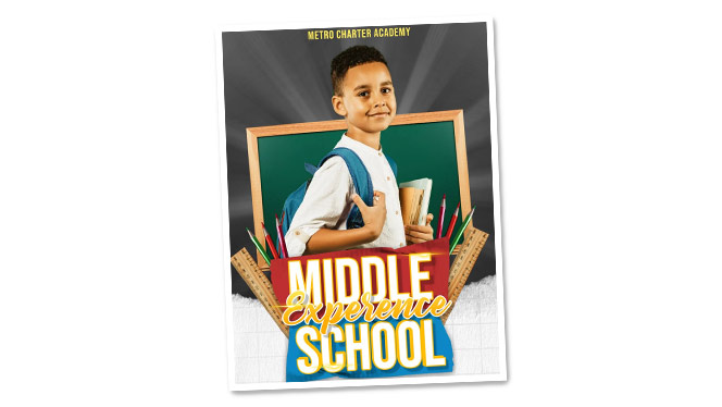 K-8 School in Romulus MI: Metro Charter Academy Middle School Experience event flyer.