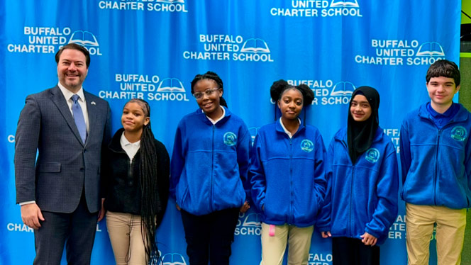 K-8 School in Buffalo: Buffalo United students take a photo with Senator Ortt.