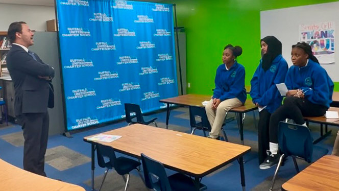 K-8 School in Buffalo: Buffalo United students ask Senator Ortt questions.