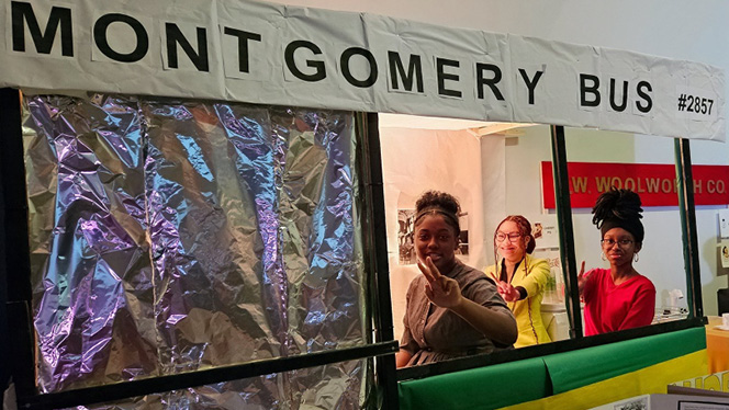K-8 School in Wake Forest: Wake Forest Charter Academy students sit inside Montgomery bus.