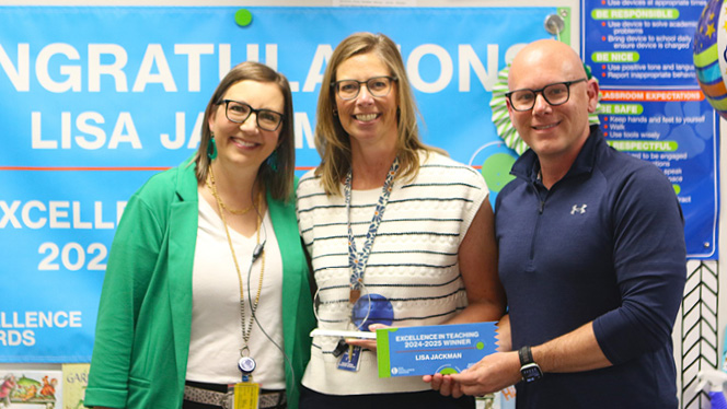 Y5-8 School in Byron Center: Cross Creek teacher wins Excellence in Teaching award.