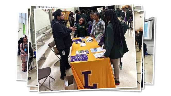 K-8 School in Brooklyn: High school representative talks to Brooklyn Scholar 8th graders at fair event.