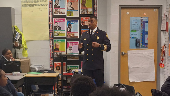 K-8 School in Detroit: DFD speaks with Regent Park students during Safe Schools Week.