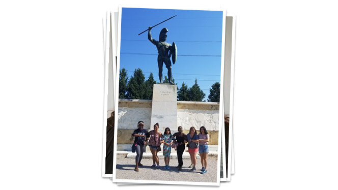 High School in Ypsilanti MI: Wood and students at the site of the Battle of Thermopylae in Greece.