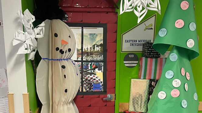 K-8 School in Plymouth: Teachers at Plymouth Scholars decorate their doors for the holiday season.