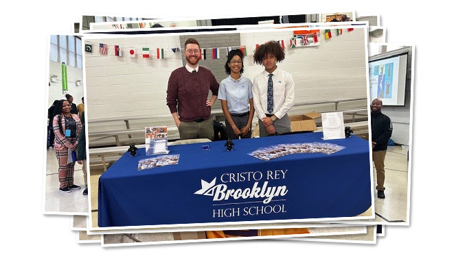 K-8 School in Brooklyn: High school representatives wait at booth to talk with Brooklyn Scholar 8th graders and parents.