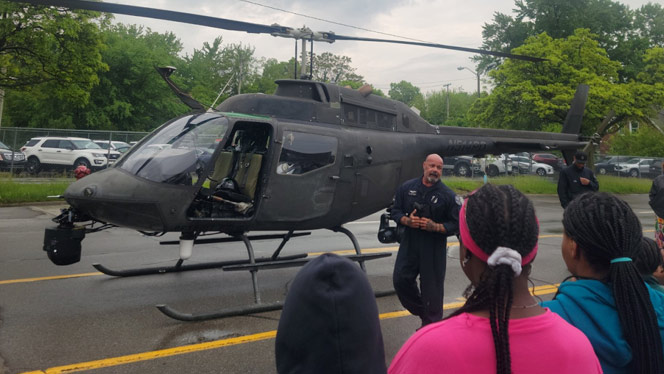 K-8 School in Detroit: Regent Park students see how DPD uses helicopters during Safe Schools Week.