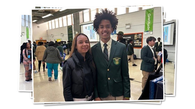 K-8 School in Brooklyn: Brooklyn Scholars 8th grade parent and student posing for photo at high school fair event.