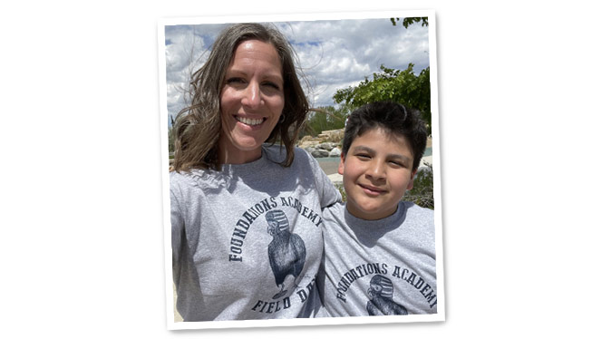 Foundations Principal Libby Rowe and Freddy Roa in their Field Day T-shirts.