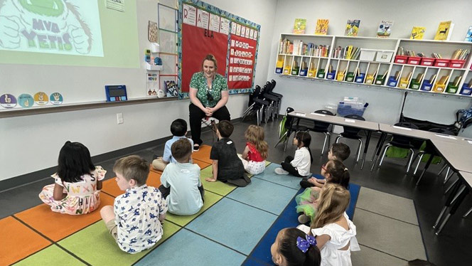 K-8 School in Colorado Springs CO: Kinder Camp students listening to Mountain View Academy teacher.