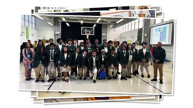 K-8 School in Brooklyn: Group of Brooklyn Scholars 8th grade students at high school fair event.