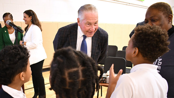 K-8 School in Detroit: NHA Founder talks with Pembroke students after the assembly.