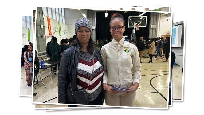 K-8 School in Brooklyn: Brooklyn Scholars 8th grade parent and student posing for photo at high school fair event.