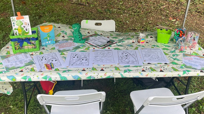 K-8 School in Winston-Salem NC: Table of coloring things for dino event.