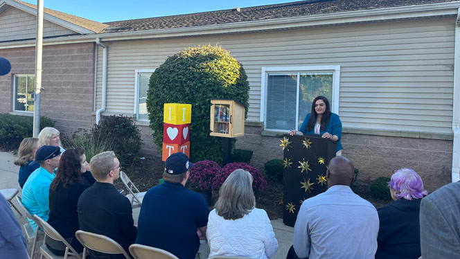 K-8 School in Taylor: Taylor Exemplar Principal speaking during dedication.